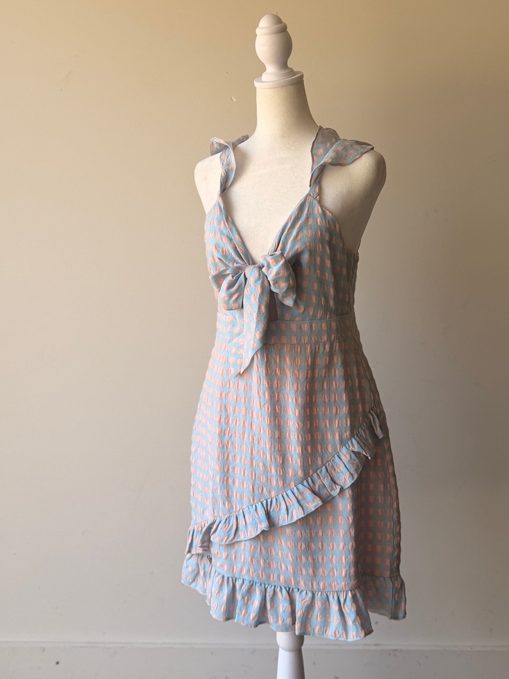 Storia Blue and Peach Checkered Ruffle Tie-Front Dress
